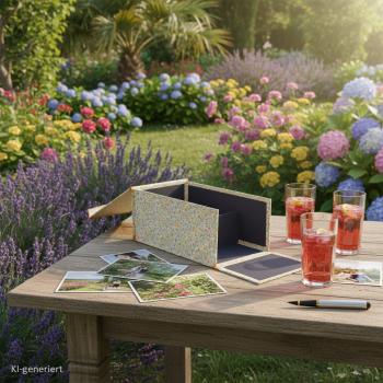 Preview: fotobox orange mit einteilungen zum einsortieren ihrer fotos